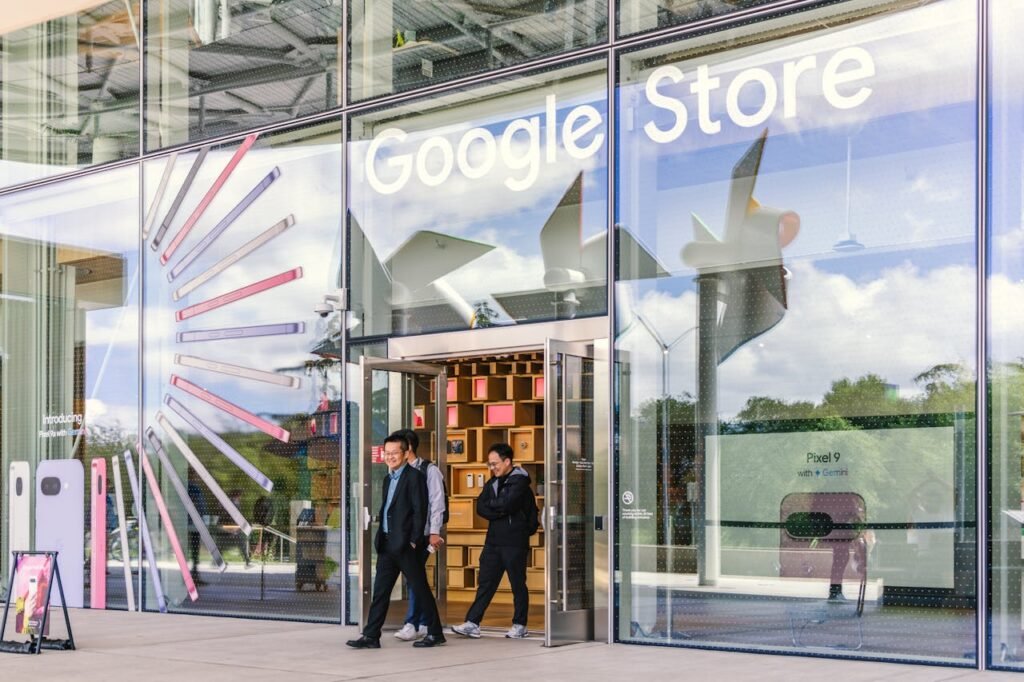 Bright and modern Google Store entrance with clear glass facade in Mountain View, California.
